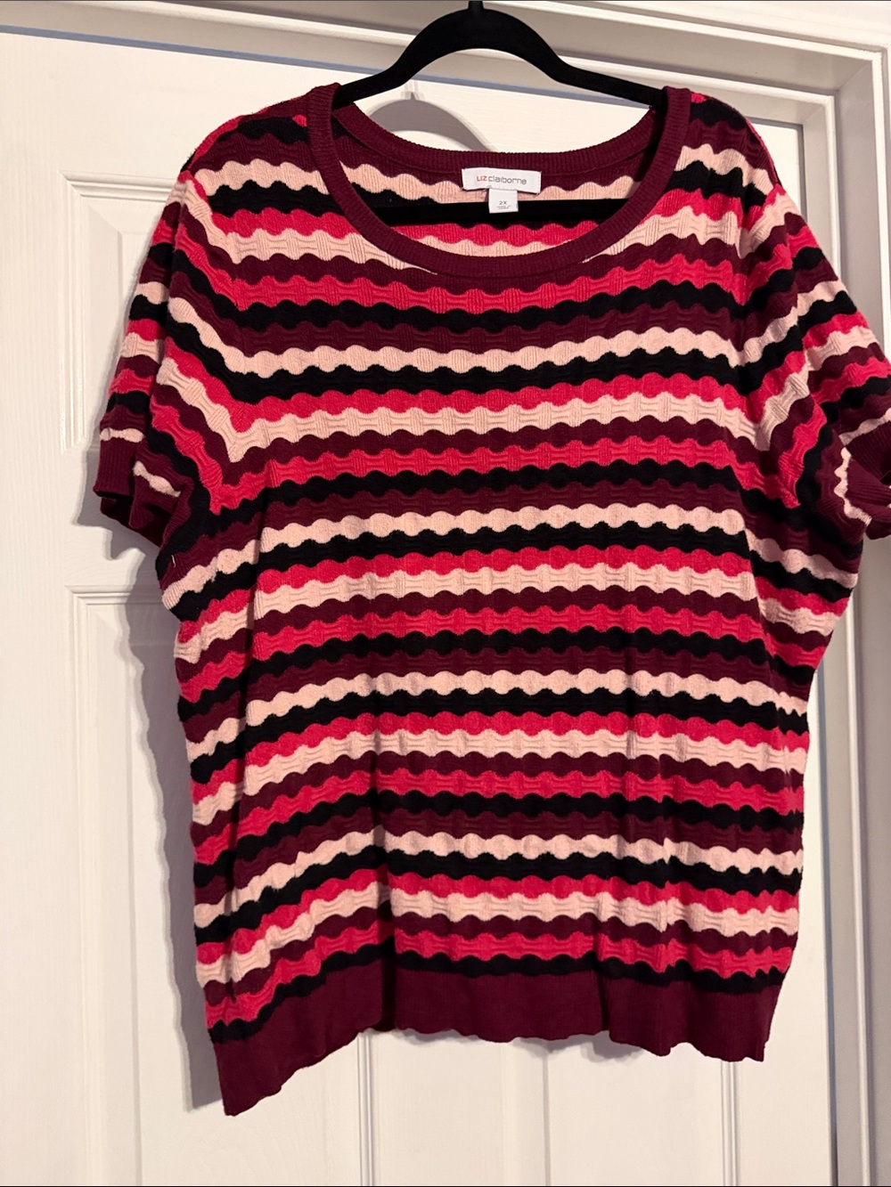 Liz Claiborne Burgundy, Pink & Black Striped Short Sleeve Knit Top